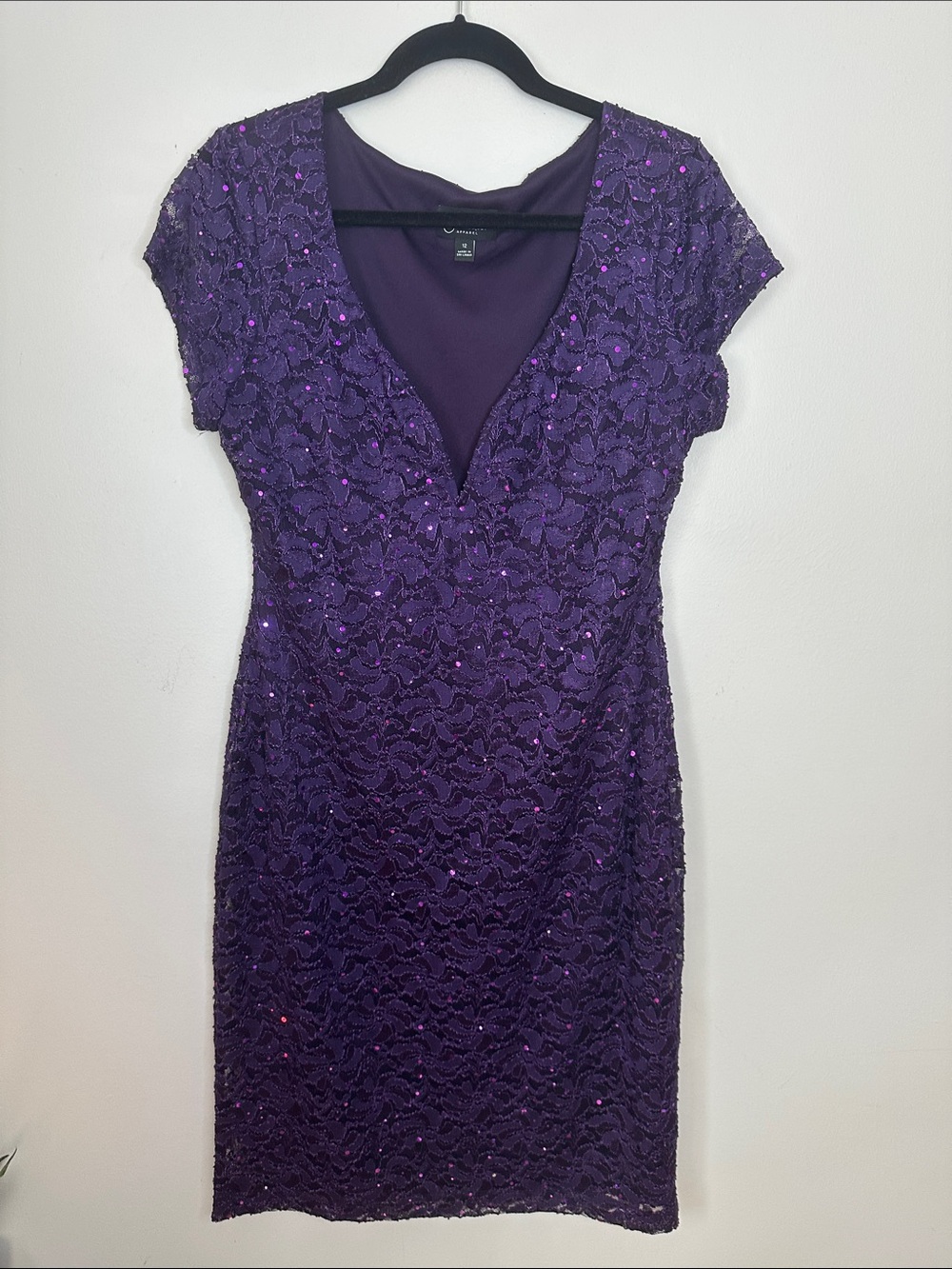 connected apparel Purple Lace Sequin V-Neck Dress size 12